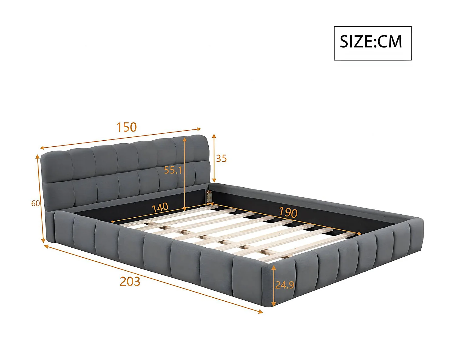 Lit adulte 160x200cm en lin avec dossier moelleux, Lit plat avec sommier à lattes, gris
