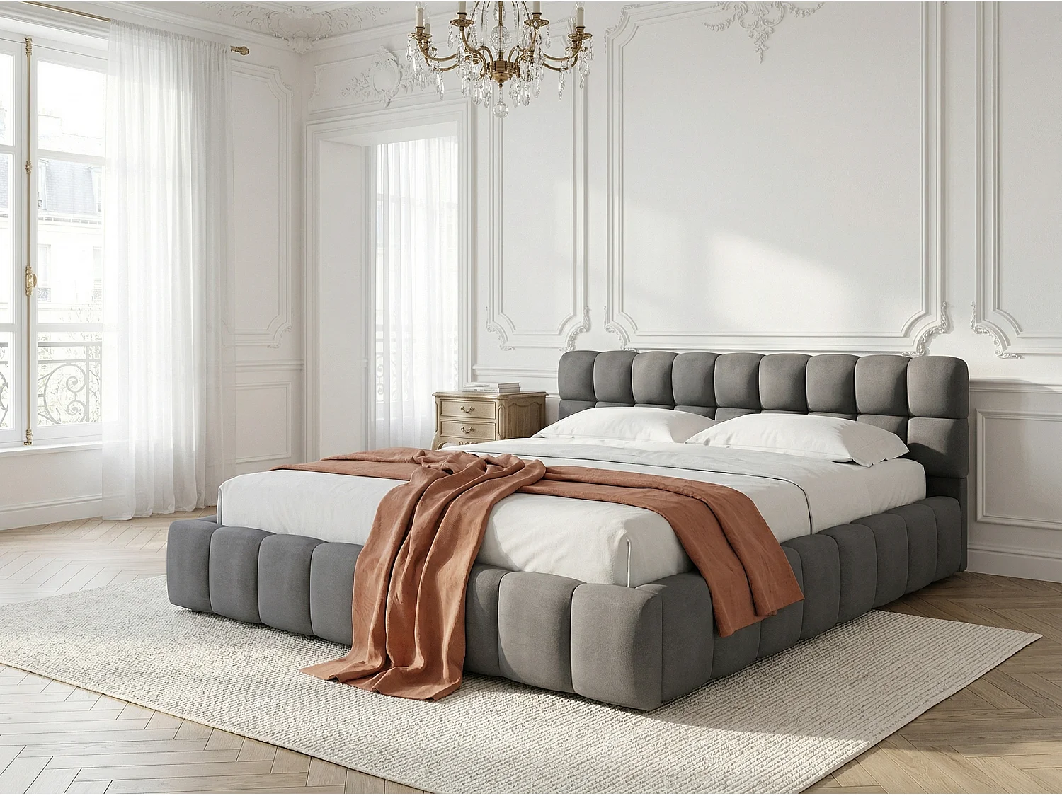 Lit adulte 160x200cm en lin avec dossier moelleux, Lit plat avec sommier à lattes, gris