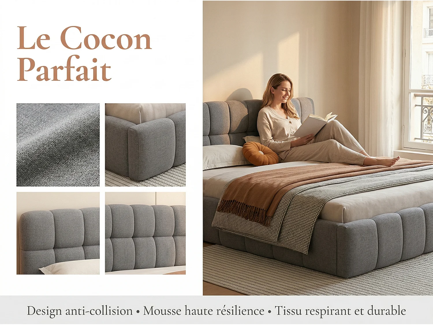 Lit adulte 160x200cm en lin avec dossier moelleux, Lit plat avec sommier à lattes, gris
