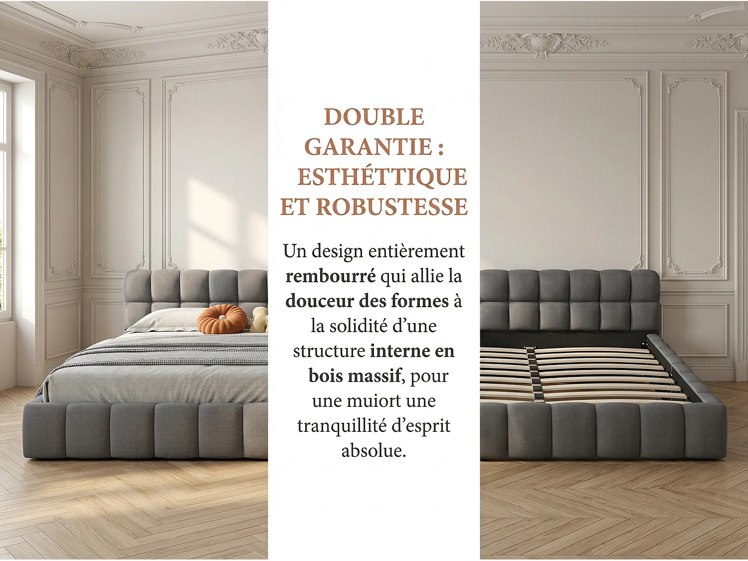 Lit adulte 160x200cm en lin avec dossier moelleux, Lit plat avec sommier à lattes, gris