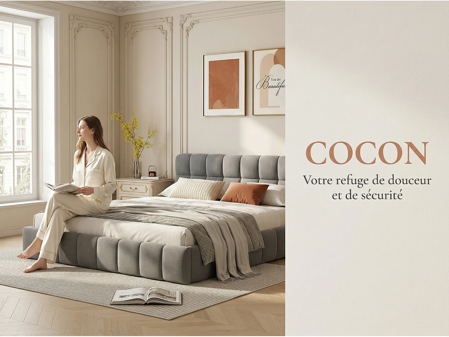 Lit adulte 160x200cm en lin avec dossier moelleux, Lit plat avec sommier à lattes, gris