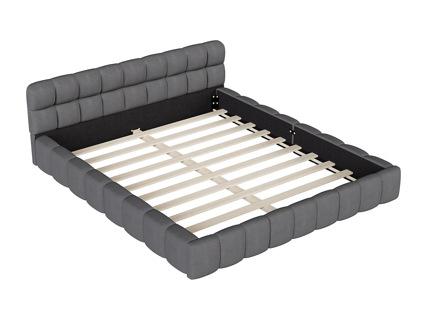 Lit adulte 160x200cm en lin avec dossier moelleux, Lit plat avec sommier à lattes, gris