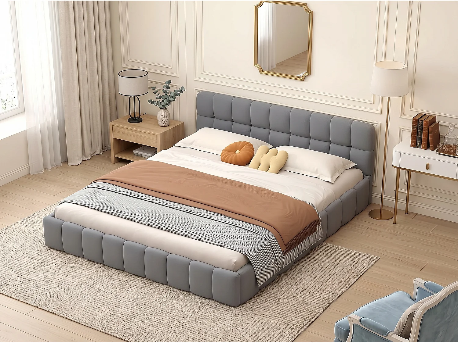 Lit adulte 160x200cm en lin avec dossier moelleux, Lit plat avec sommier à lattes, gris
