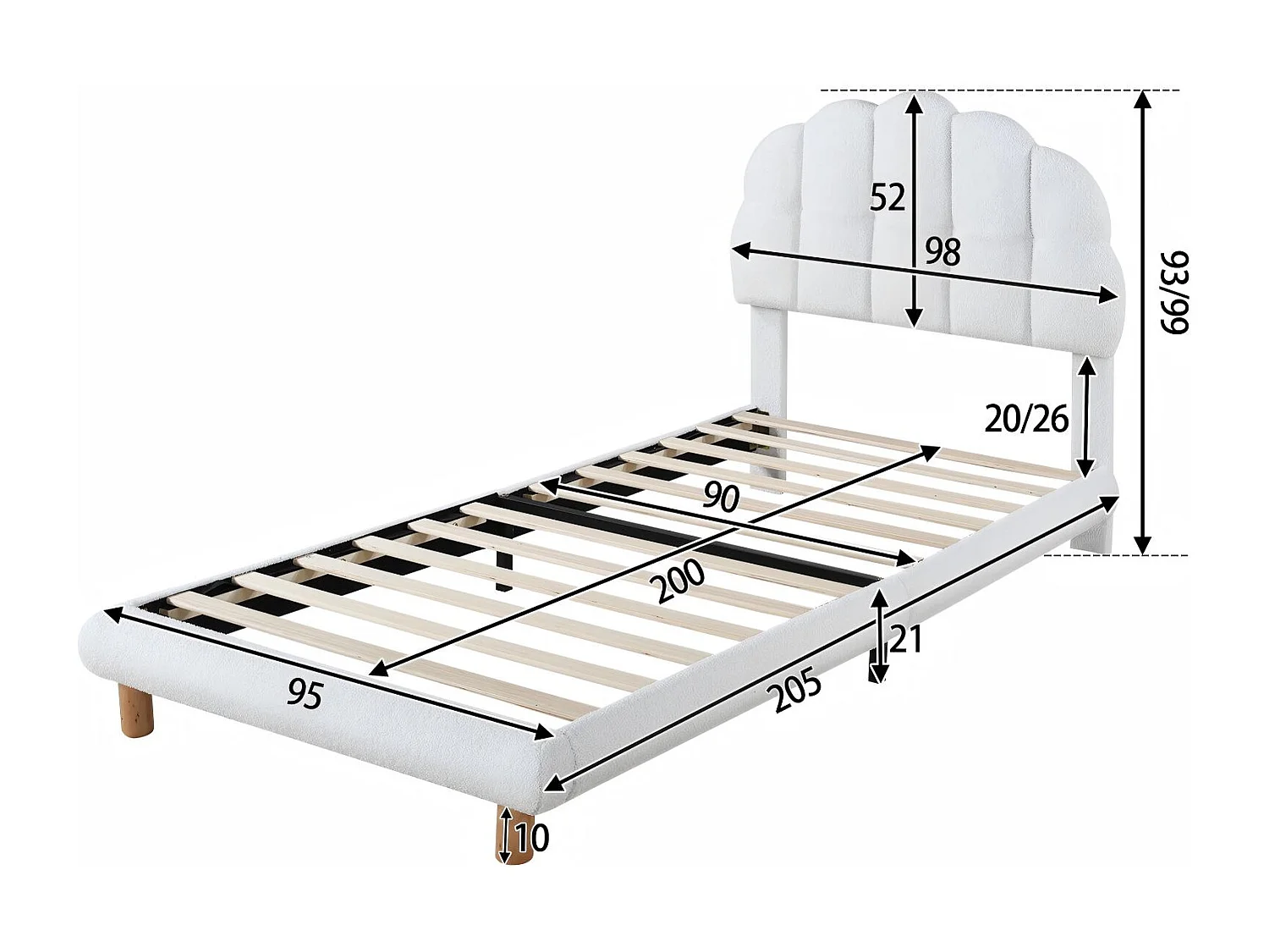 Lit rembourré 90x200 cm - avec tête de lit arrondie - tissu doux - sommier à lattes inclus - design moderne