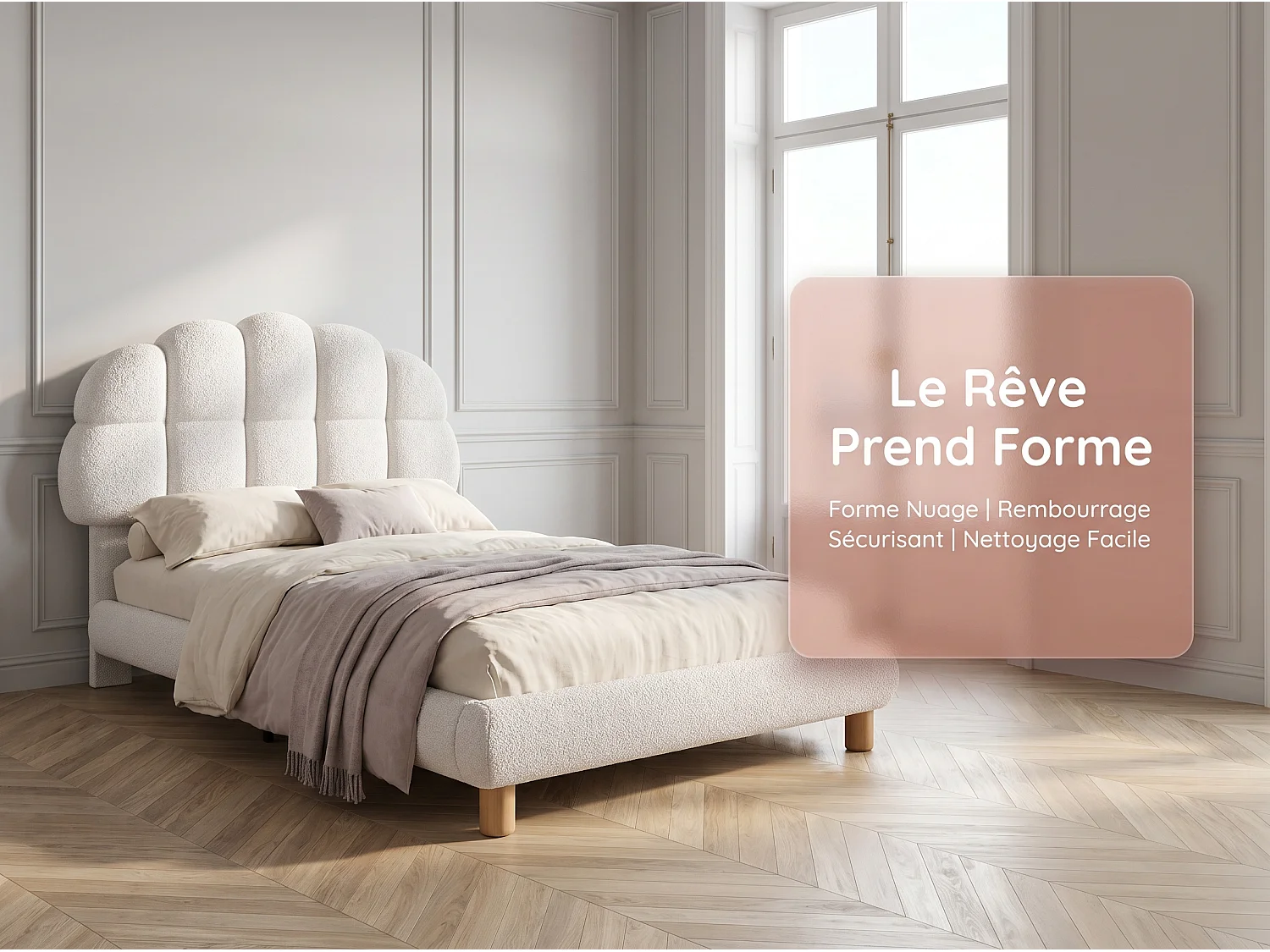 Lit rembourré 90x200 cm - avec tête de lit arrondie - tissu doux - sommier à lattes inclus - design moderne