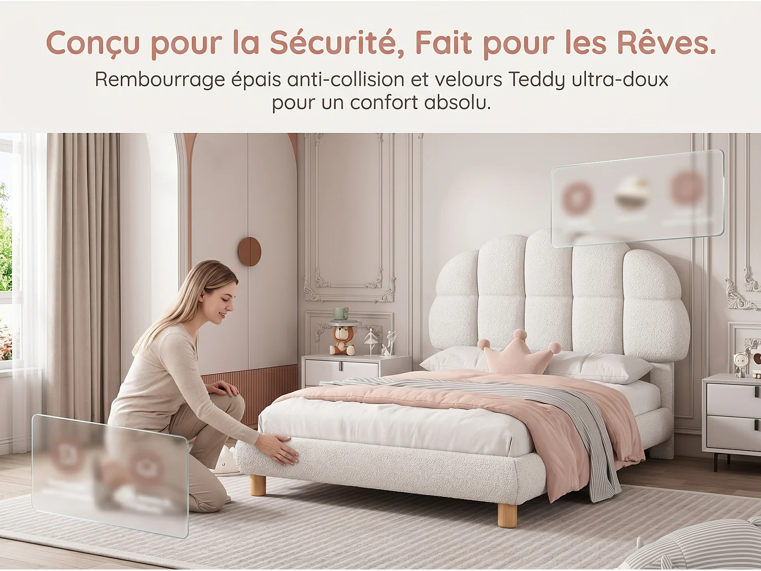 Lit rembourré 90x200 cm - avec tête de lit arrondie - tissu doux - sommier à lattes inclus - design moderne