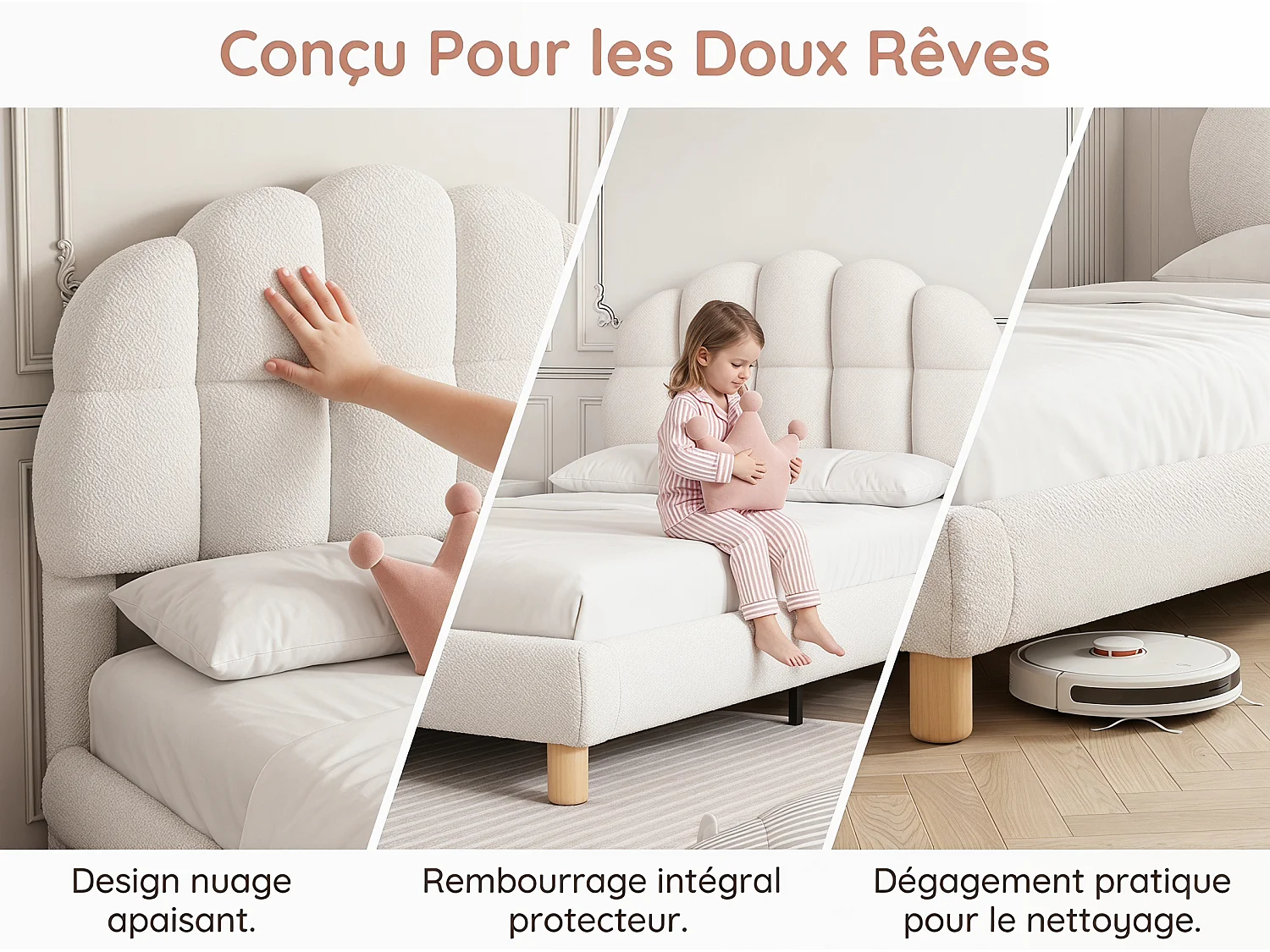Lit rembourré 90x200 cm - avec tête de lit arrondie - tissu doux - sommier à lattes inclus - design moderne