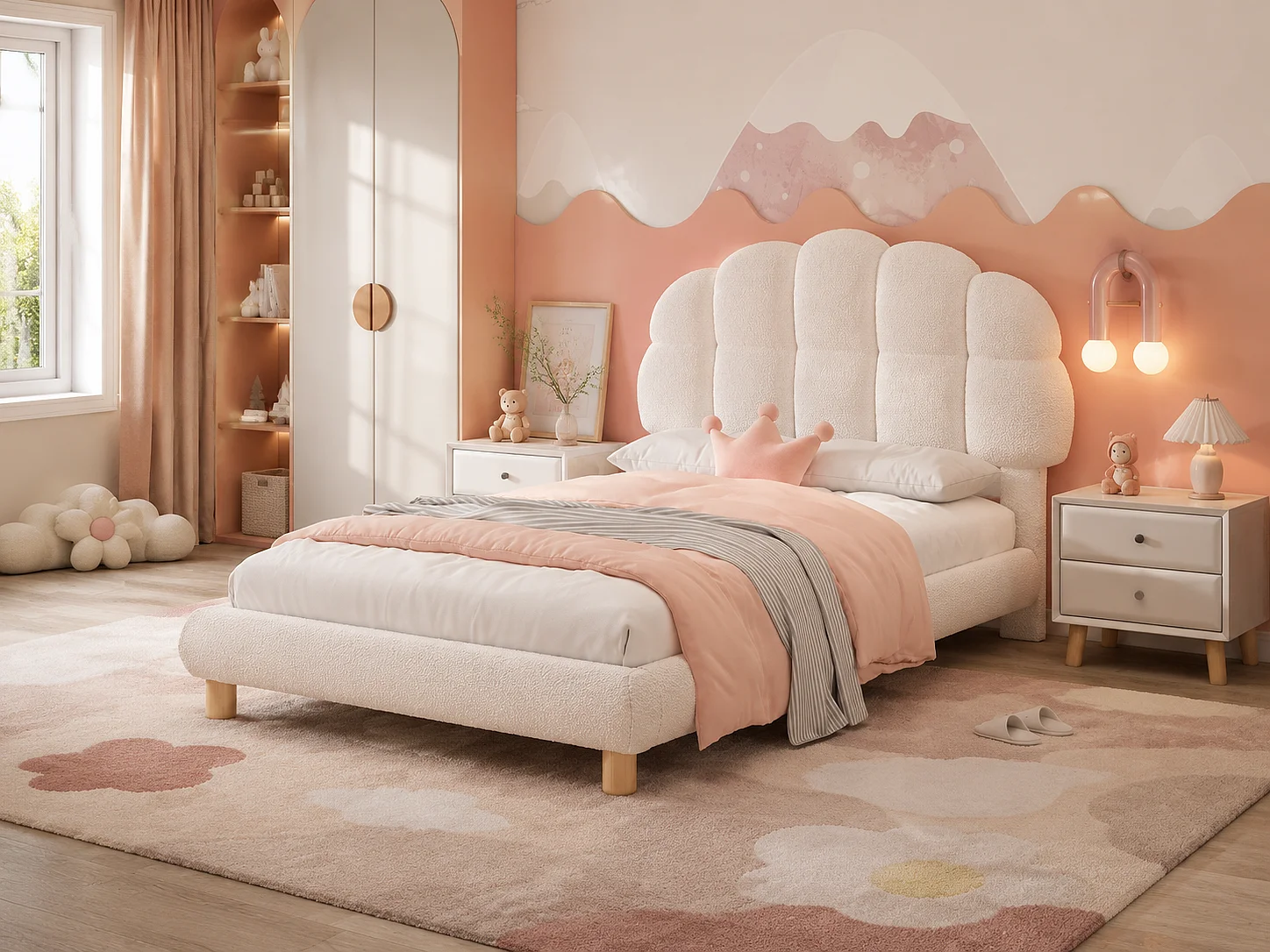Lit rembourré 90x200 cm - avec tête de lit arrondie - tissu doux - sommier à lattes inclus - design moderne