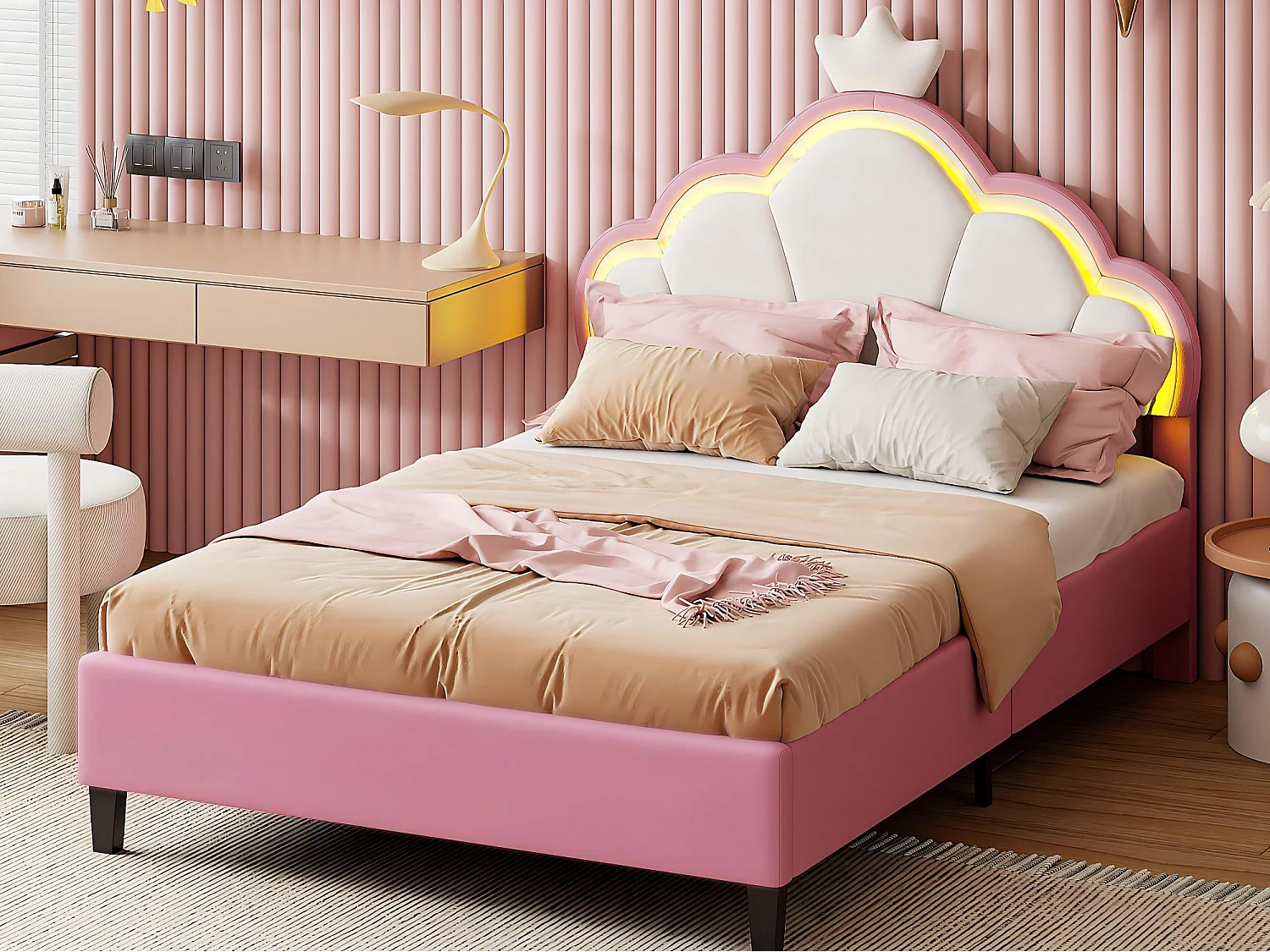 Lit enfant 90x200 rose avec LED, lit rembourré velours, tête de lit étoile, sommier à lattes