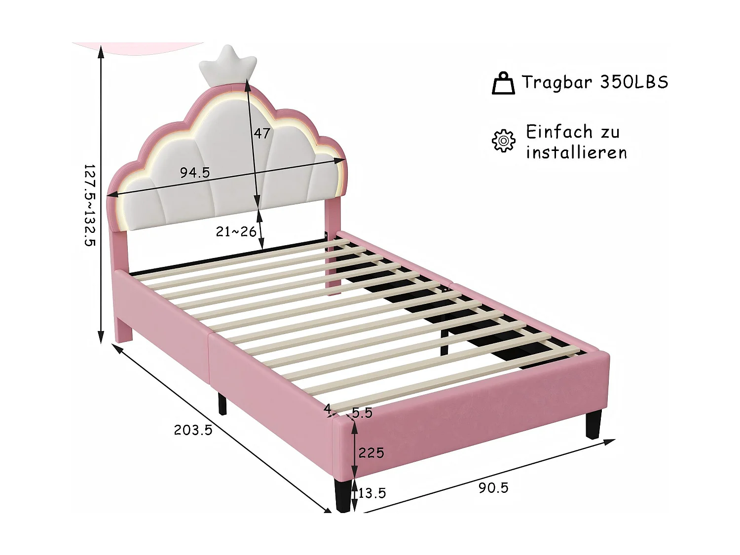 Lit enfant 90x200 rose avec LED, lit rembourré velours, tête de lit étoile, sommier à lattes