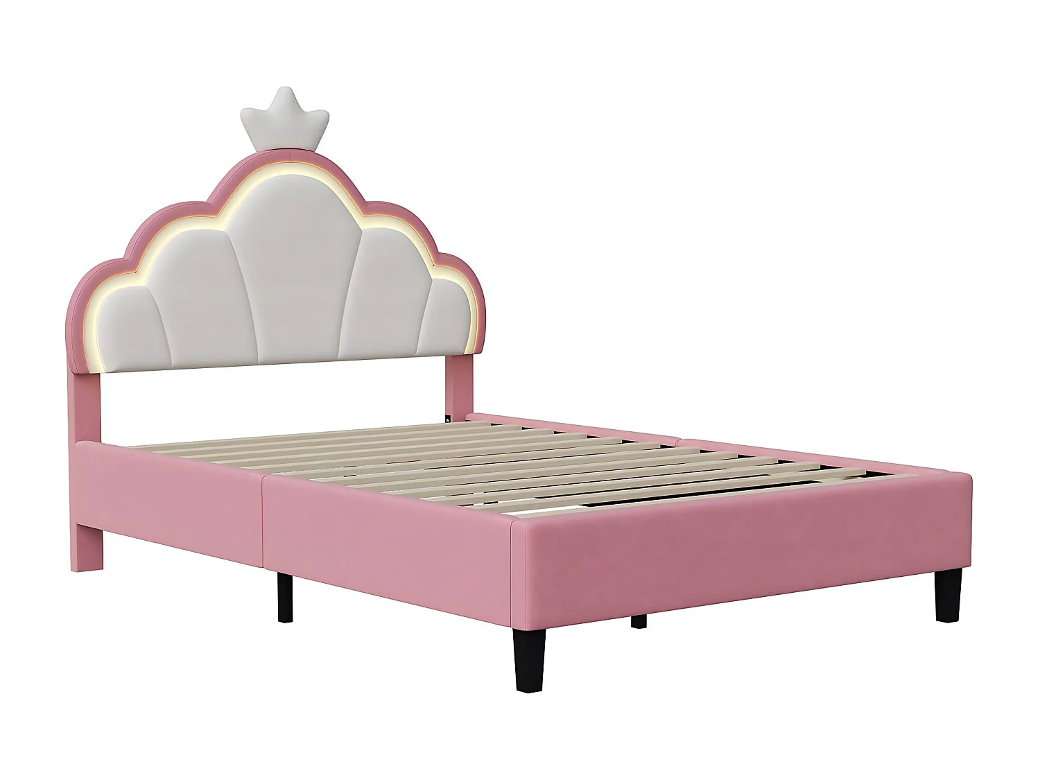 Lit enfant 90x200 rose avec LED, lit rembourré velours, tête de lit étoile, sommier à lattes