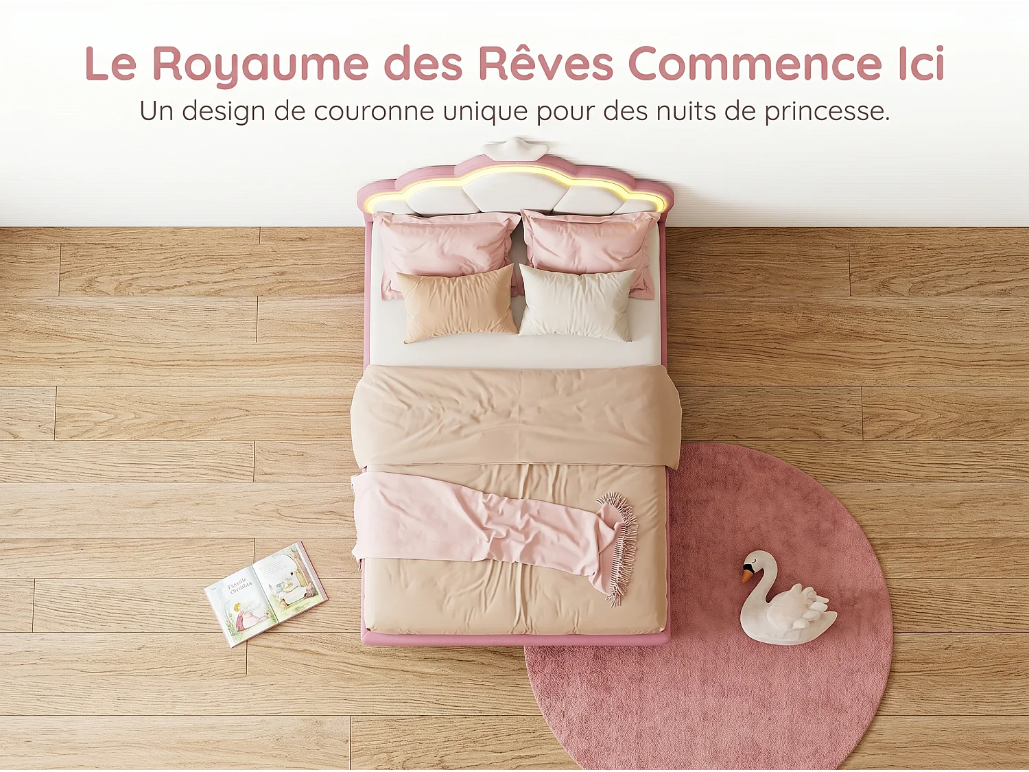 Lit enfant 90x200 cm - Rose - LED intégrée - Velours - Tête de lit étoile - Sommier à lattes inclus