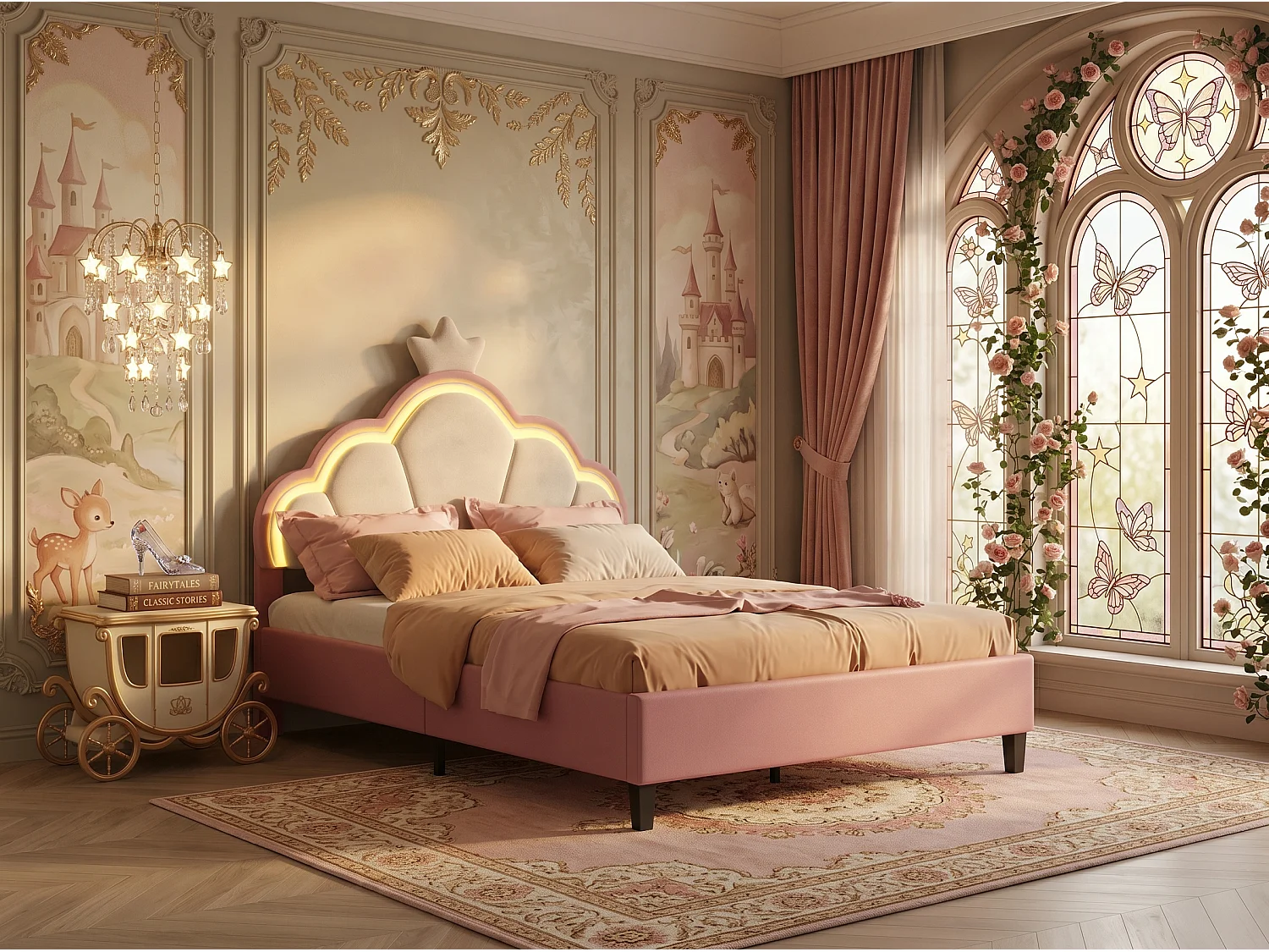 Lit enfant 90x200 cm - Rose - LED intégrée - Velours - Tête de lit étoile - Sommier à lattes inclus