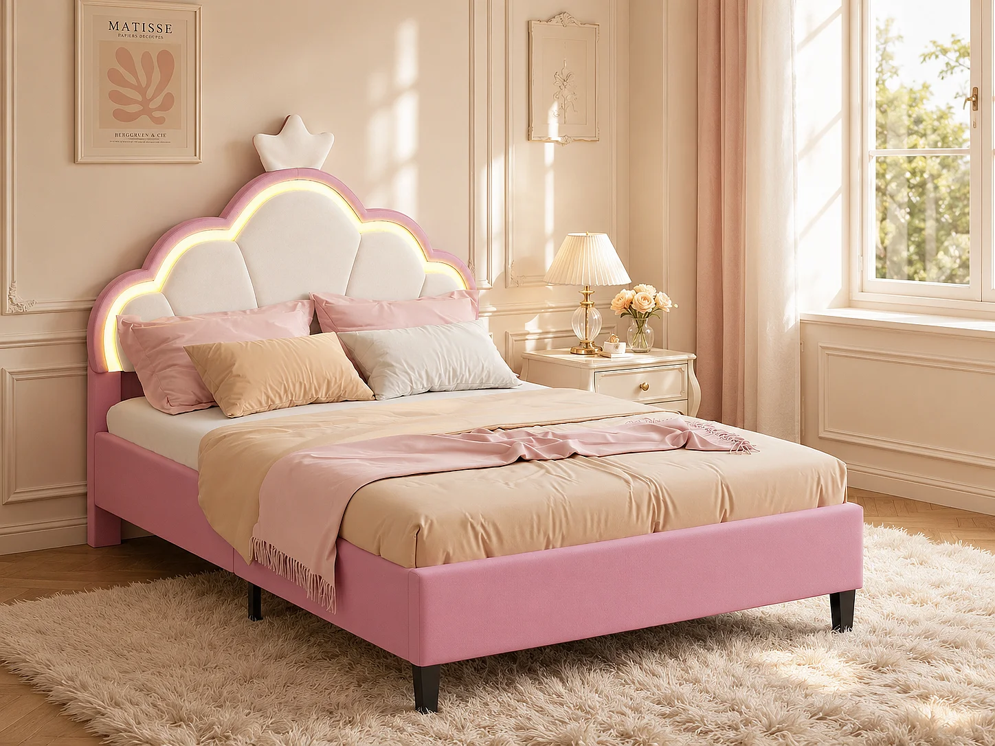 Lit enfant 90x200 cm - Rose - LED intégrée - Velours - Tête de lit étoile - Sommier à lattes inclus