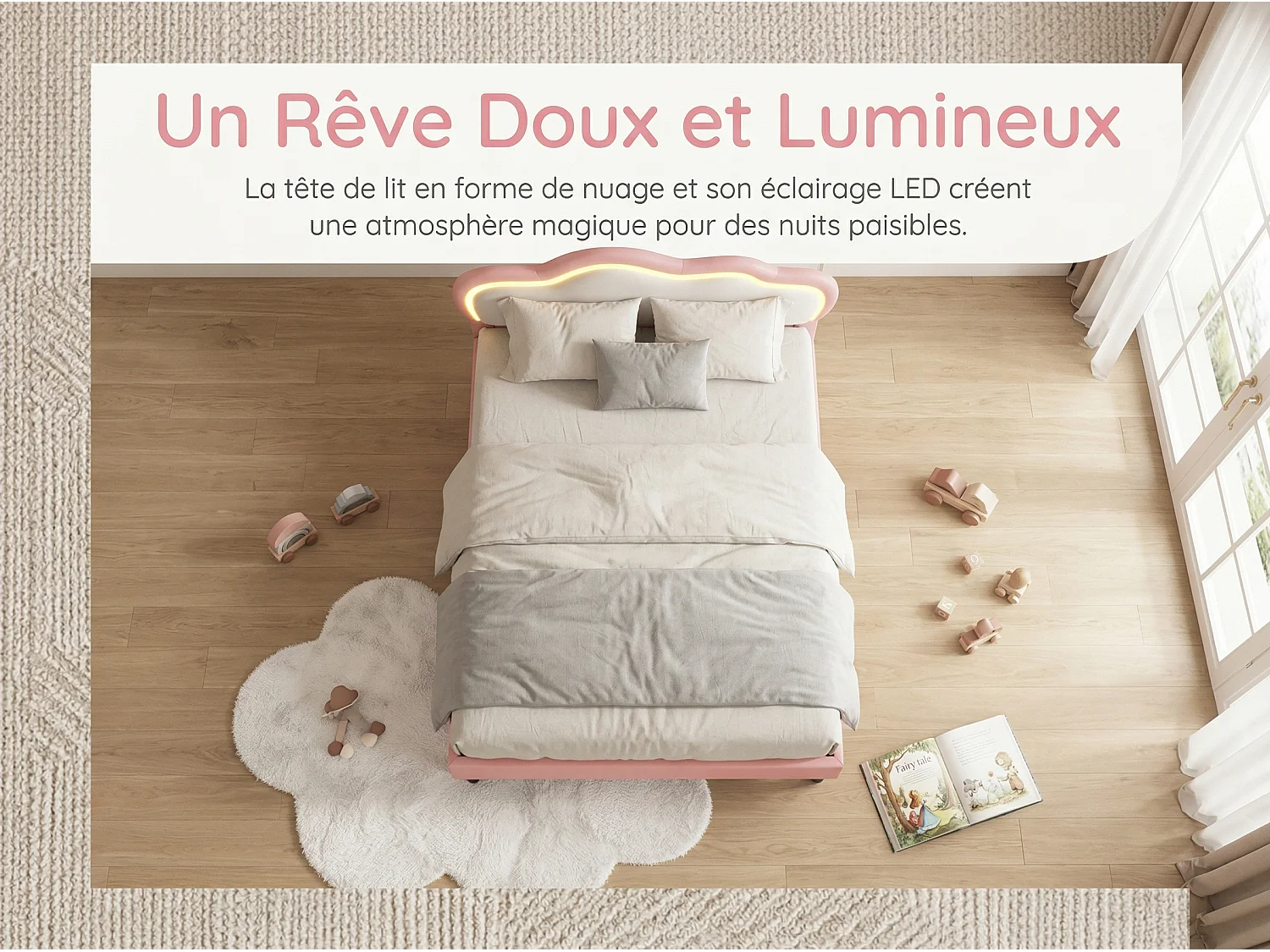 Lit 90x200 cm - LED intégrée - Tête de lit nuage capitonnée - Lit double simili cuir - Sommier à lattes inclus - Design moderne