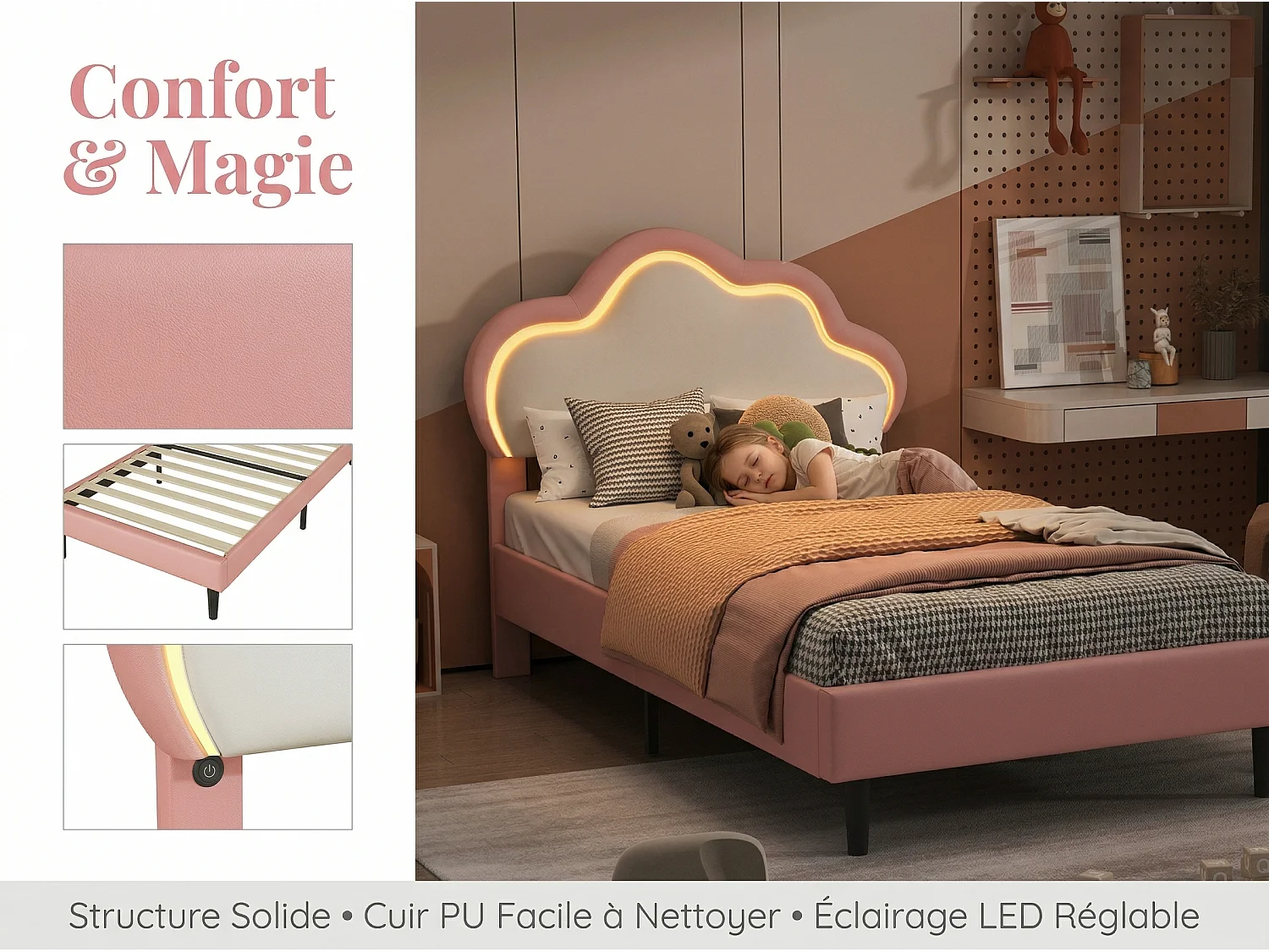 Lit 90x200 cm - LED intégrée - Tête de lit nuage capitonnée - Lit double simili cuir - Sommier à lattes inclus - Design moderne