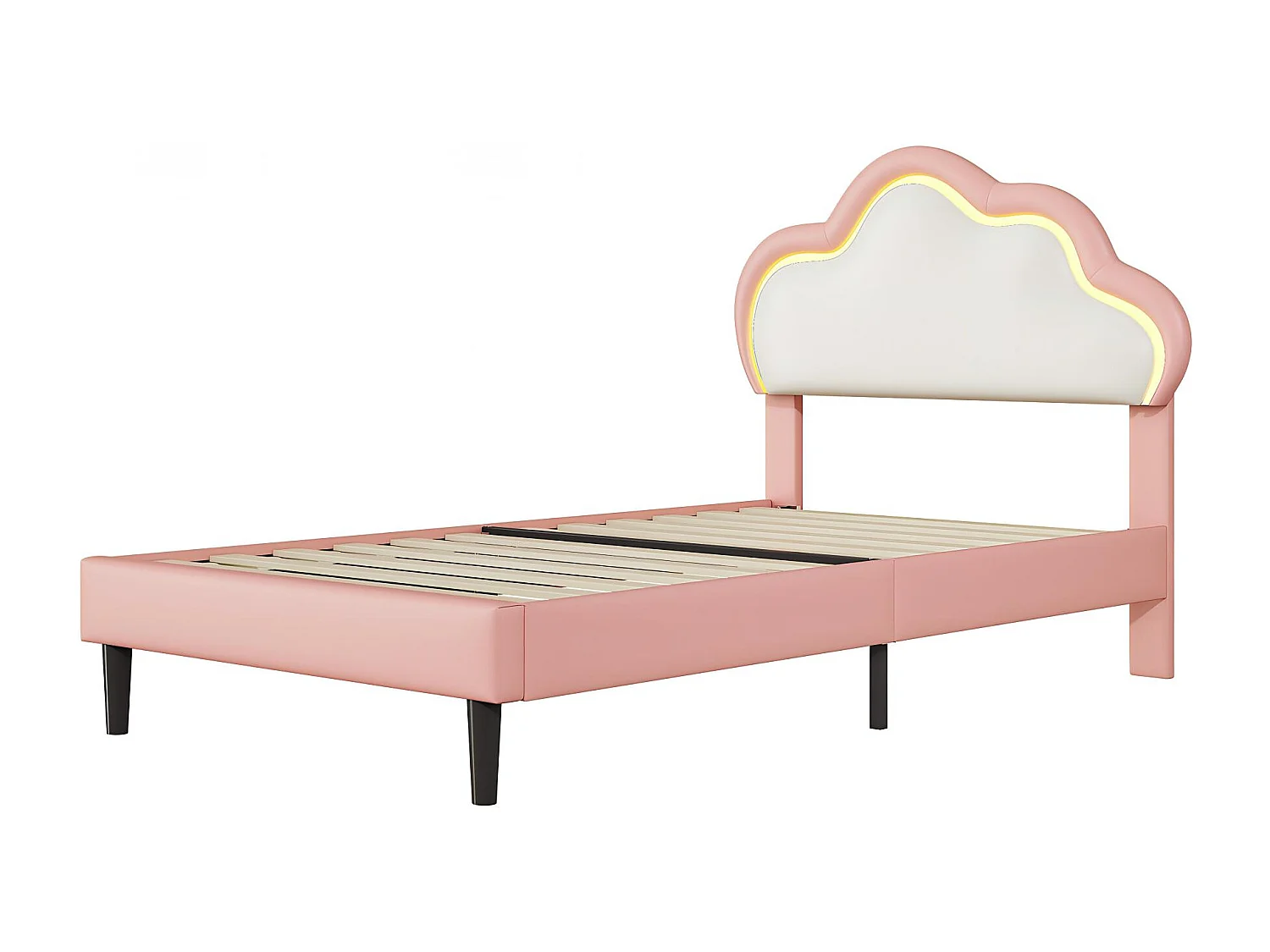 Lit 90x200 cm - LED intégrée - Tête de lit nuage capitonnée - Lit double simili cuir - Sommier à lattes inclus - Design moderne