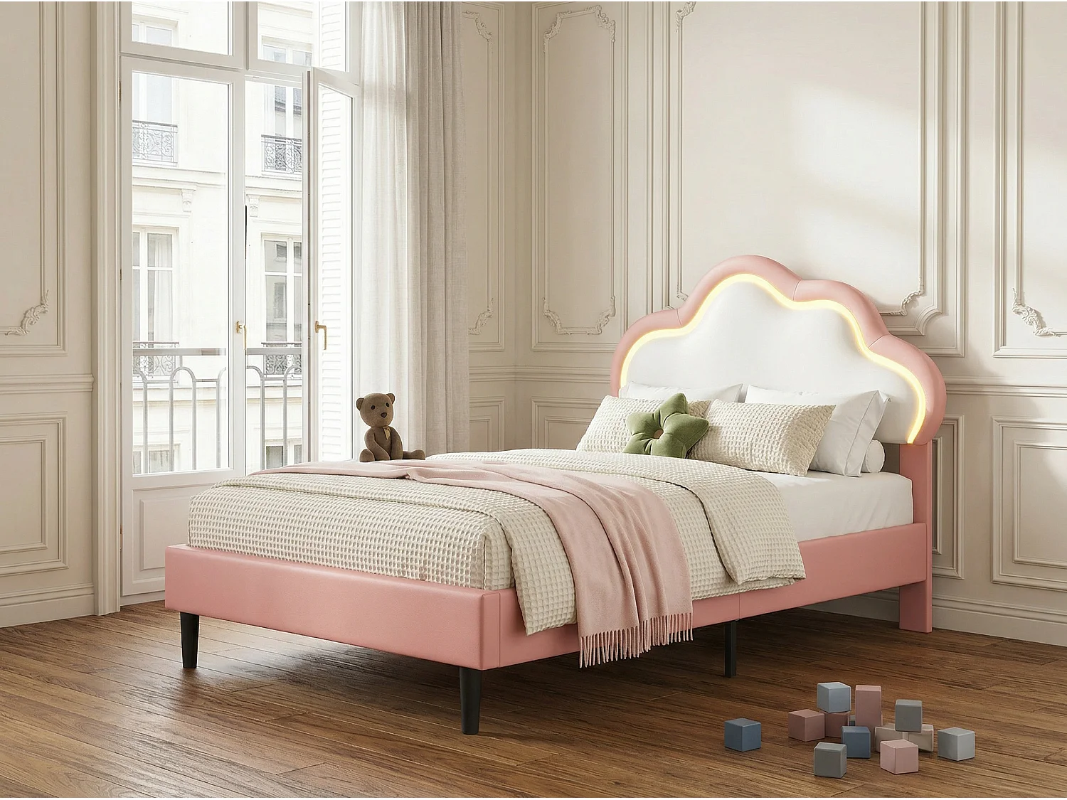 Lit 90x200 cm - LED intégrée - Tête de lit nuage capitonnée - Lit double simili cuir - Sommier à lattes inclus - Design moderne