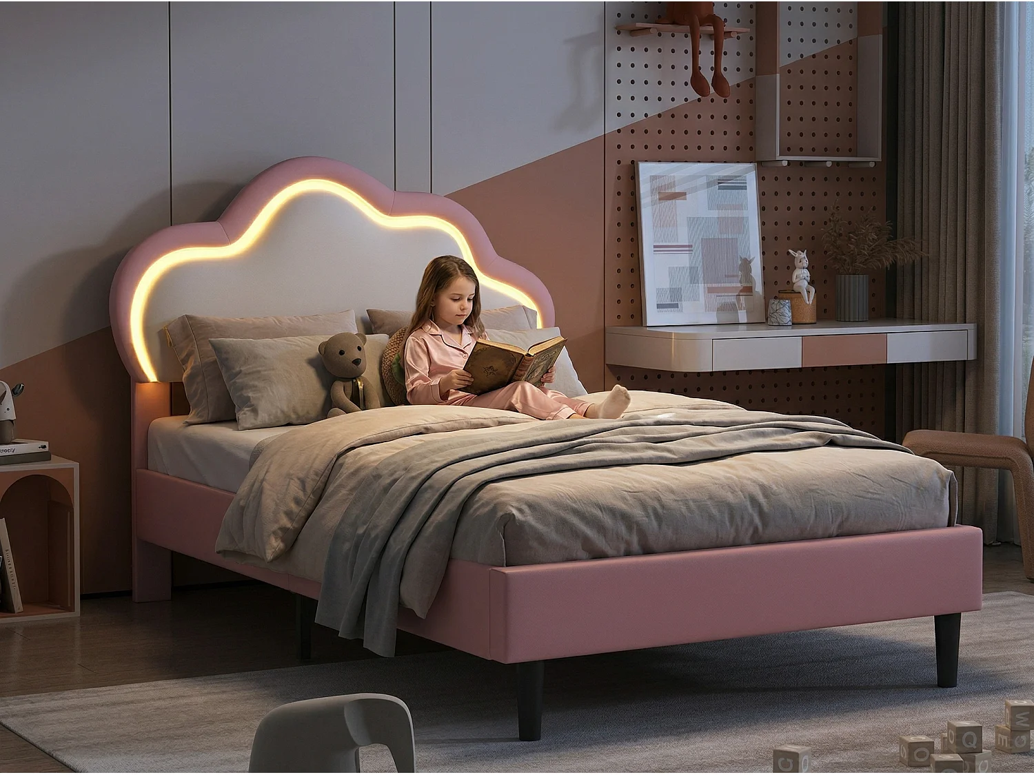 Lit 90x200 cm - LED intégrée - Tête de lit nuage capitonnée - Lit double simili cuir - Sommier à lattes inclus - Design moderne