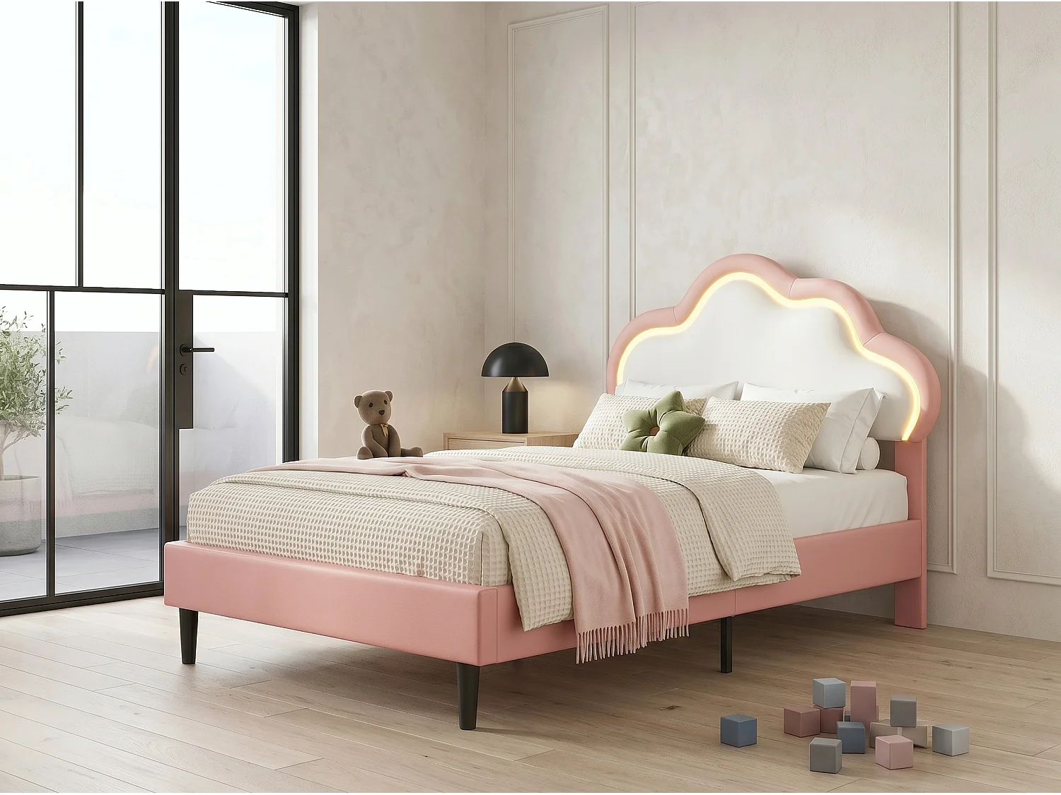 Lit 90x200 cm - LED intégrée - Tête de lit nuage capitonnée - Lit double simili cuir - Sommier à lattes inclus - Design moderne