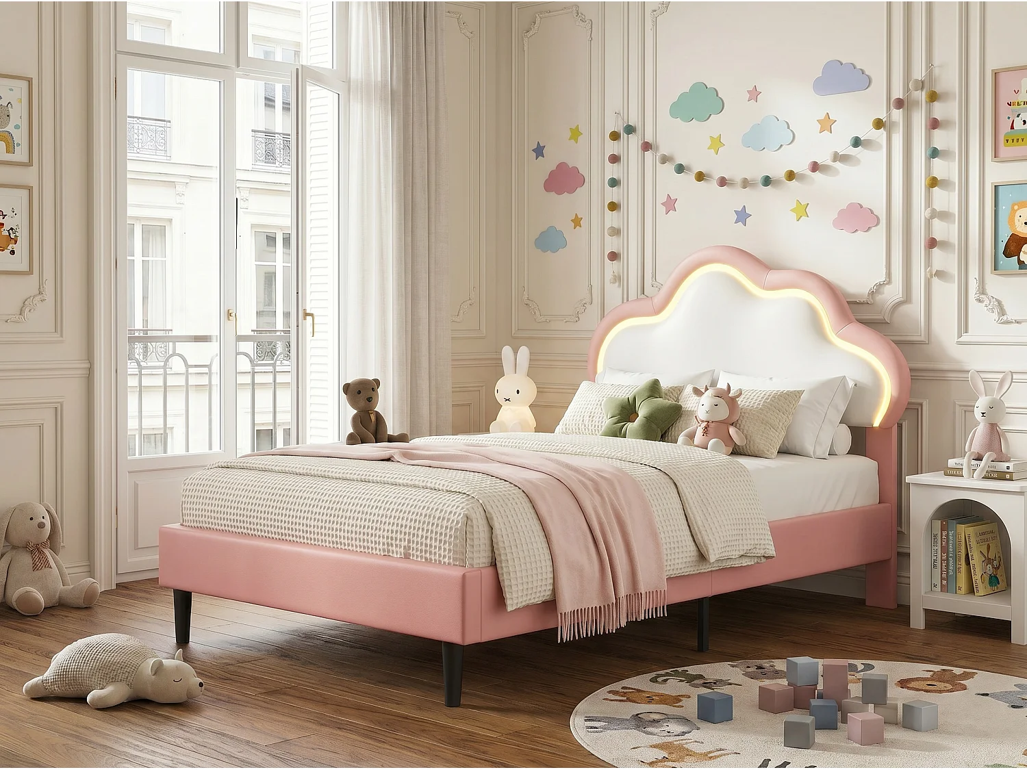 Lit 90x200 cm - LED intégrée - Tête de lit nuage capitonnée - Lit double simili cuir - Sommier à lattes inclus