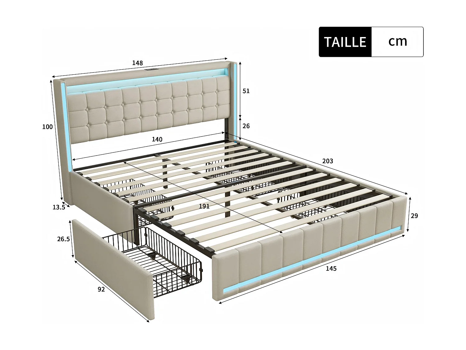 Lit 140x190 avec tiroirs, LED, USB Type-C, lit rangement avec roulettes, cadre de lit en tissu lin