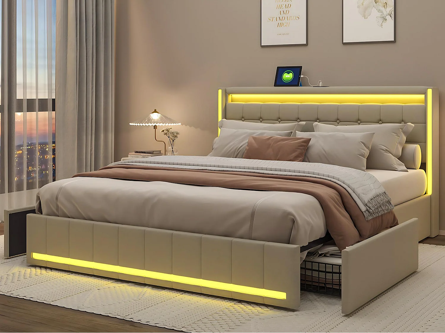 Lit 140x190 avec tiroirs, LED, USB Type-C, lit rangement avec roulettes, cadre de lit en tissu lin