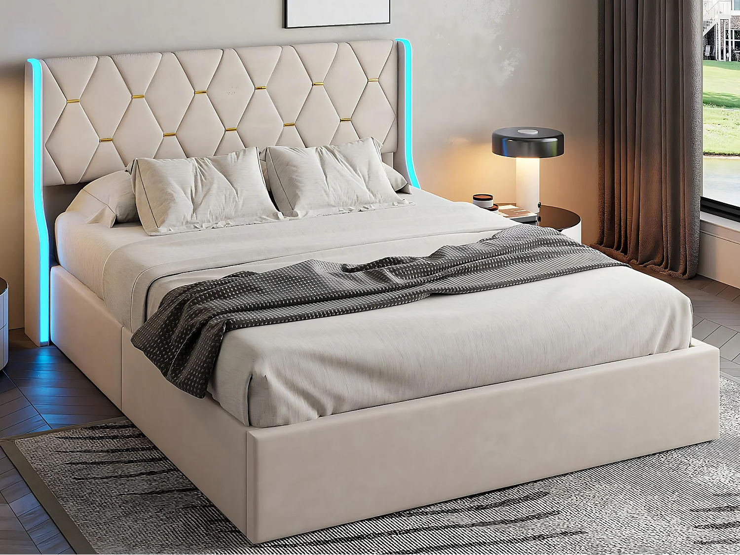 Lit 140x190 cm avec rangement sous lit, LED, lit capitonné velours, sommier à lattes inclus, style moderne