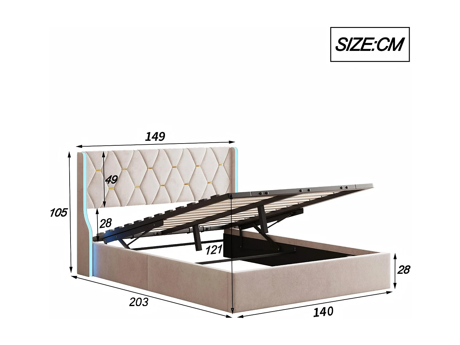 Lit 140x190 cm avec rangement sous lit, LED, lit capitonné velours, sommier à lattes inclus, style moderne