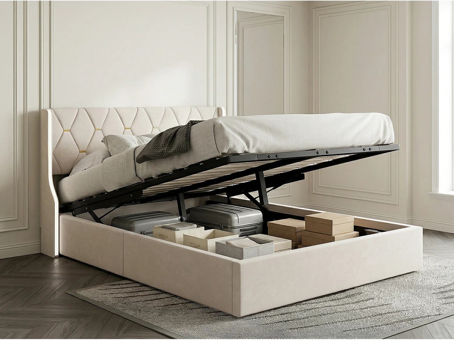 Lit 140x190 cm avec rangement sous lit, LED, lit capitonné velours, sommier à lattes inclus, style moderne