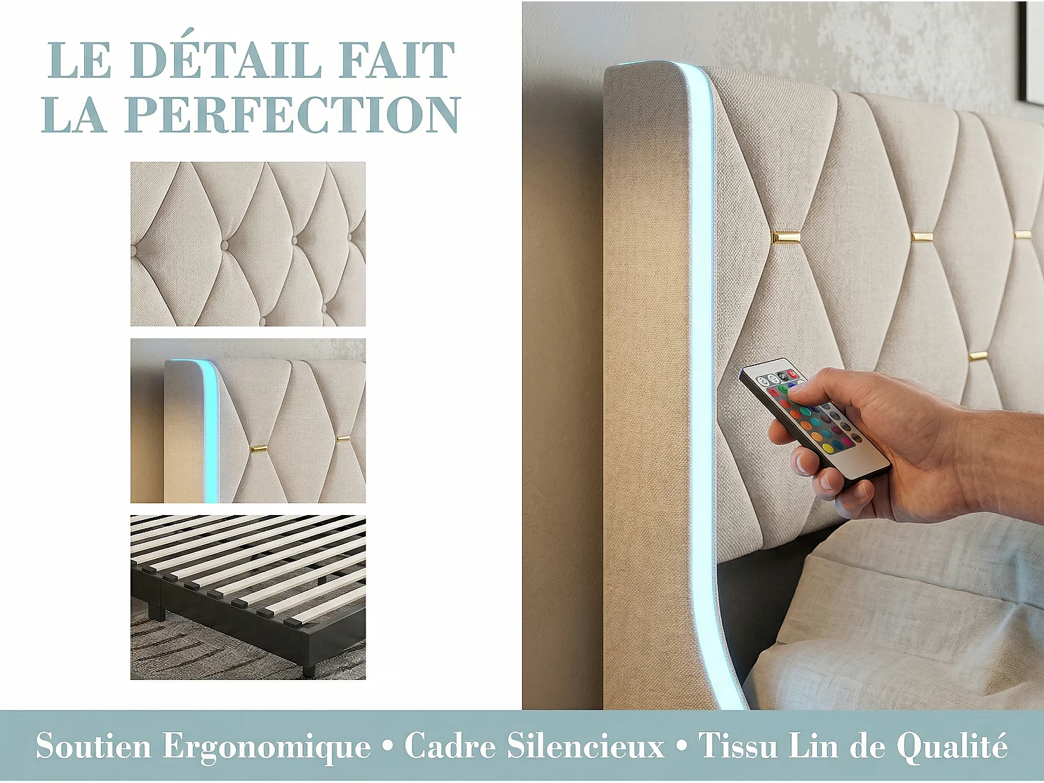 Lit 140x190 cm avec rangement sous lit, LED, lit capitonné velours, sommier à lattes inclus, style moderne