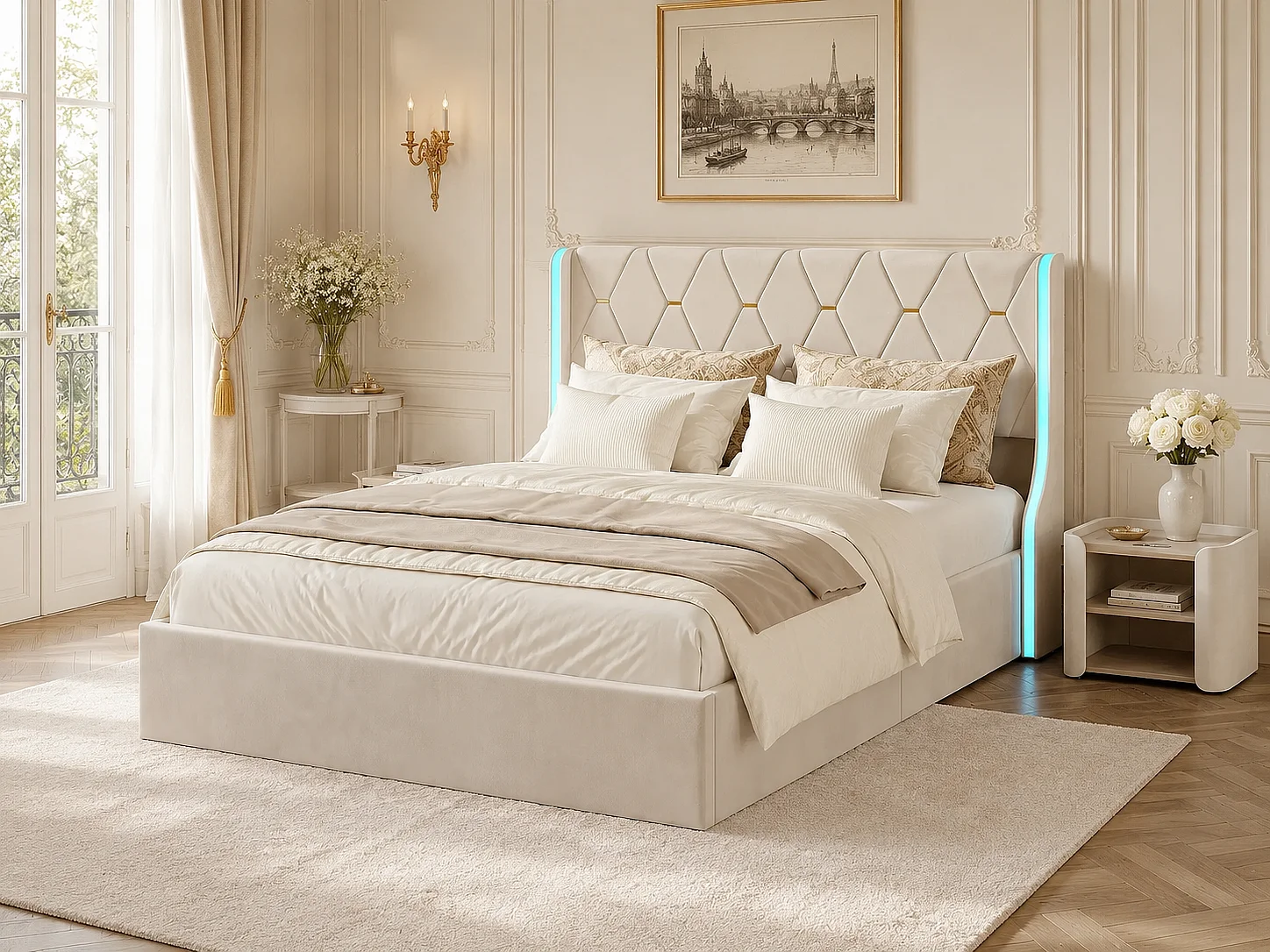 Lit coffre rembourré 140x190 cm - Lit double - avec rangement lit LED - Velours gris - Sommier à lattes