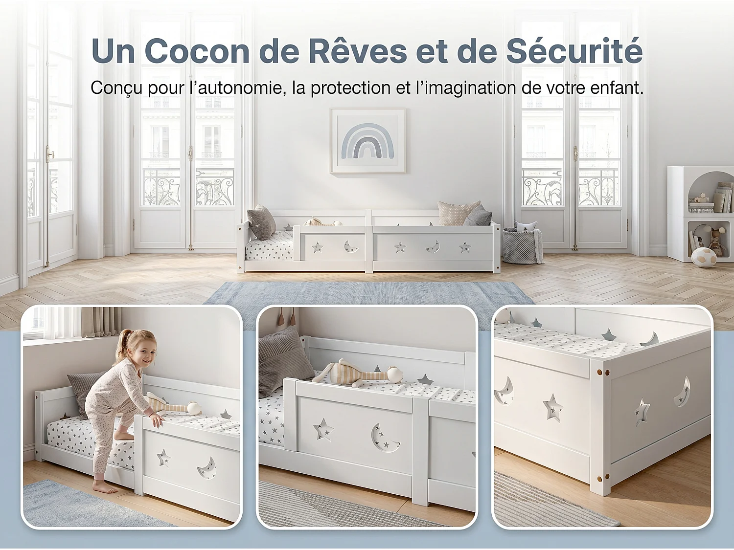 Lit enfant en bois massif - avec barrière de sécurité - motif étoile et lune - peinture à l’eau - design moderne