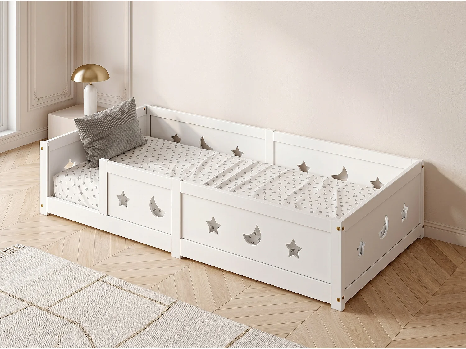 Lit enfant en bois massif - avec barrière de sécurité - motif étoile et lune - peinture à l’eau - design moderne