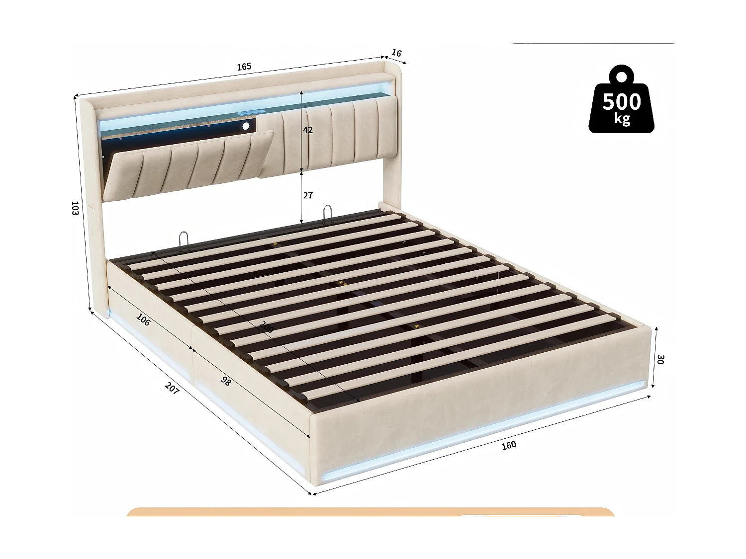 Lit coffre 160x200 avec tiroirs et LED RGB, lit avec USB Type-C, tête de lit rangement, velours