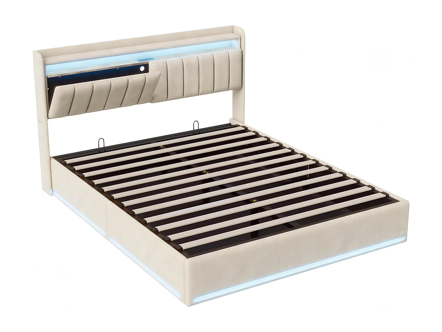 Lit coffre 160x200 avec tiroirs et LED RGB, lit avec USB Type-C, tête de lit rangement, velours