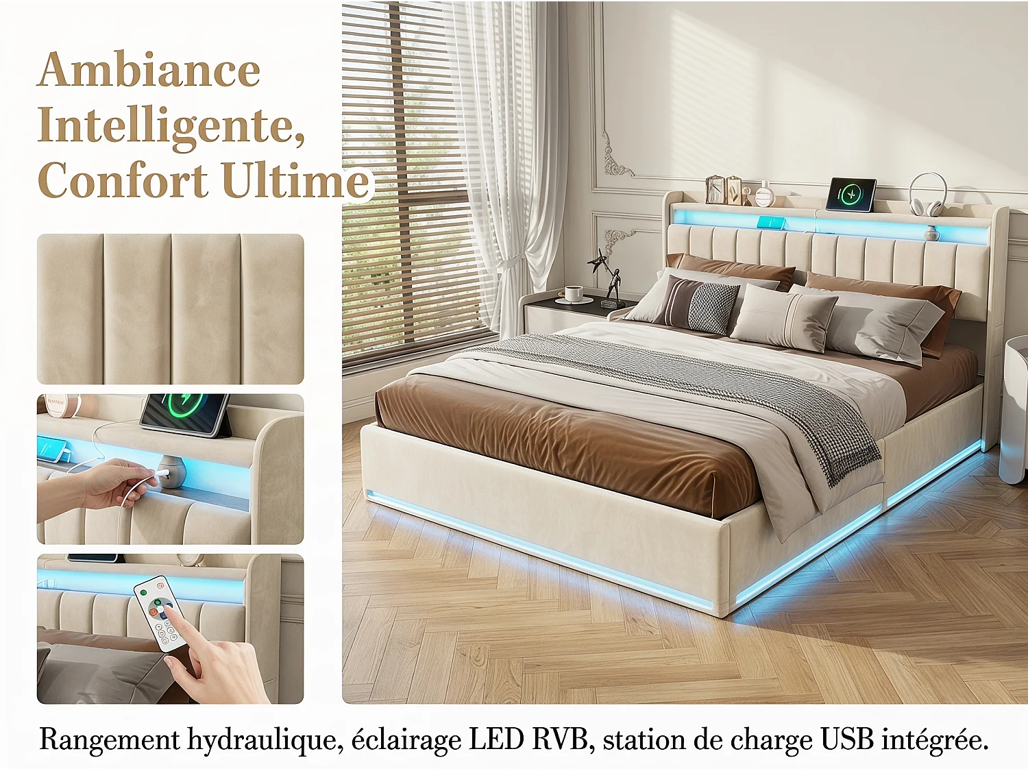 Lit rembourré 160x200 cm - Tiroirs de rangement - LED RGB intégrée - Ports USB + Type-C - Tête de lit avec rangement - Velours