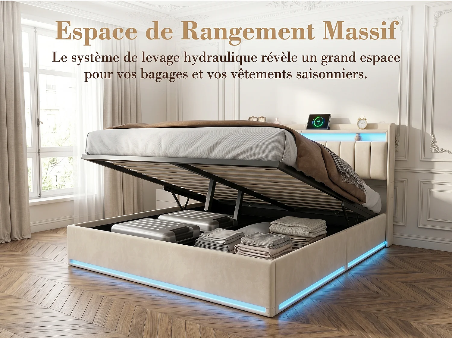 Lit rembourré 160x200 cm - Tiroirs de rangement - LED RGB intégrée - Ports USB + Type-C - Tête de lit avec rangement - Velours