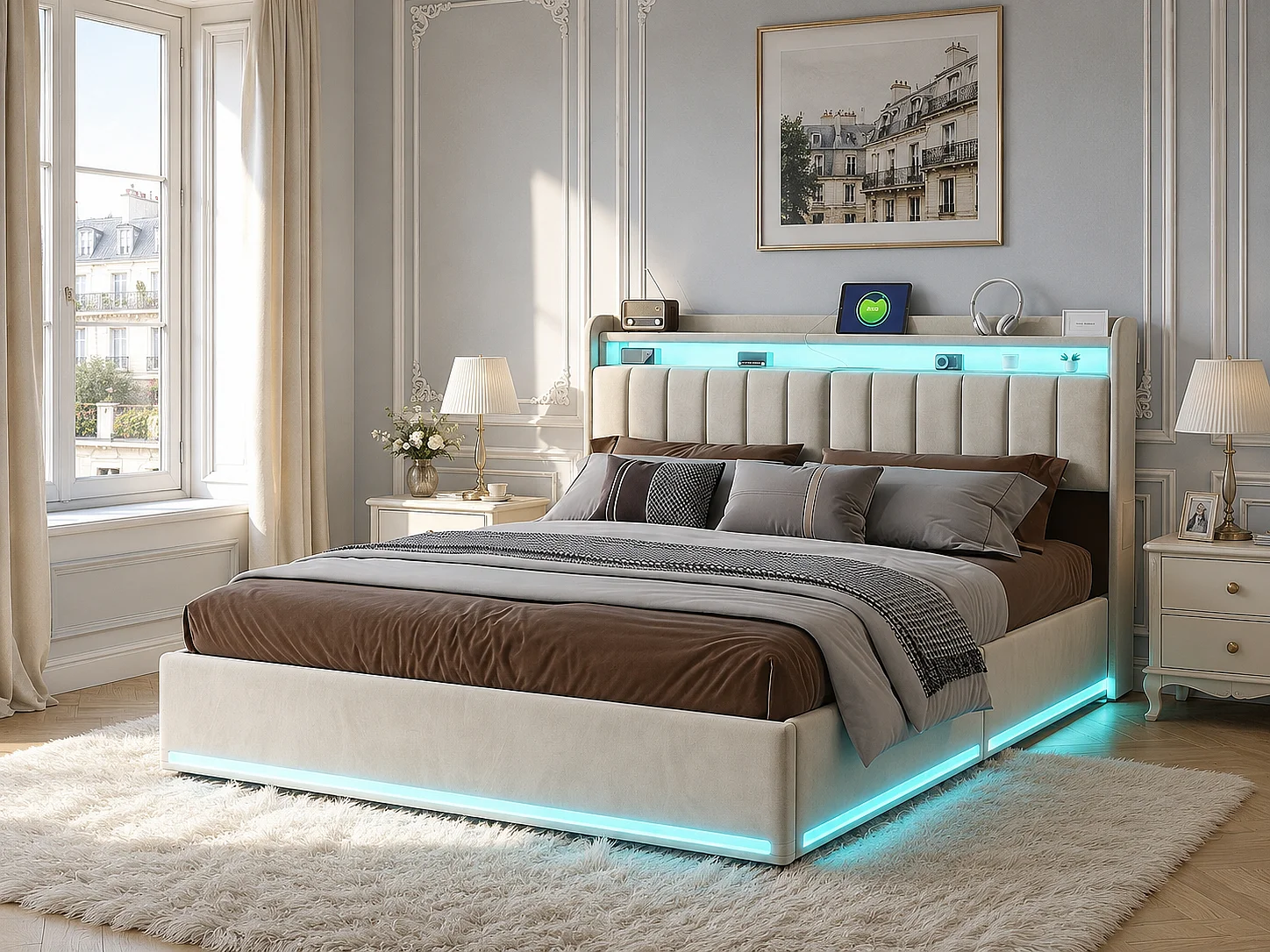 Lit rembourré 160x200 cm - Tiroirs de rangement - LED RGB intégrée - Ports USB + Type-C - Tête de lit avec rangement - Velours