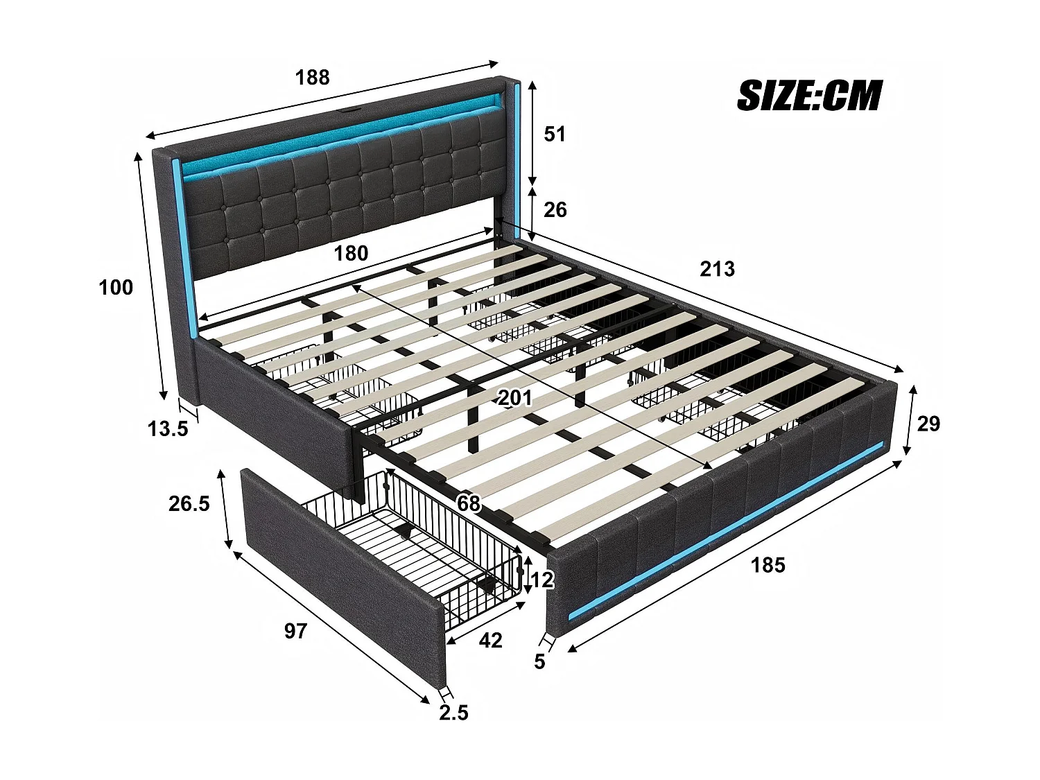 Lit 180x200 avec tiroirs, LED, USB Type-C, lit rangement avec roulettes, cadre de lit en tissu lin