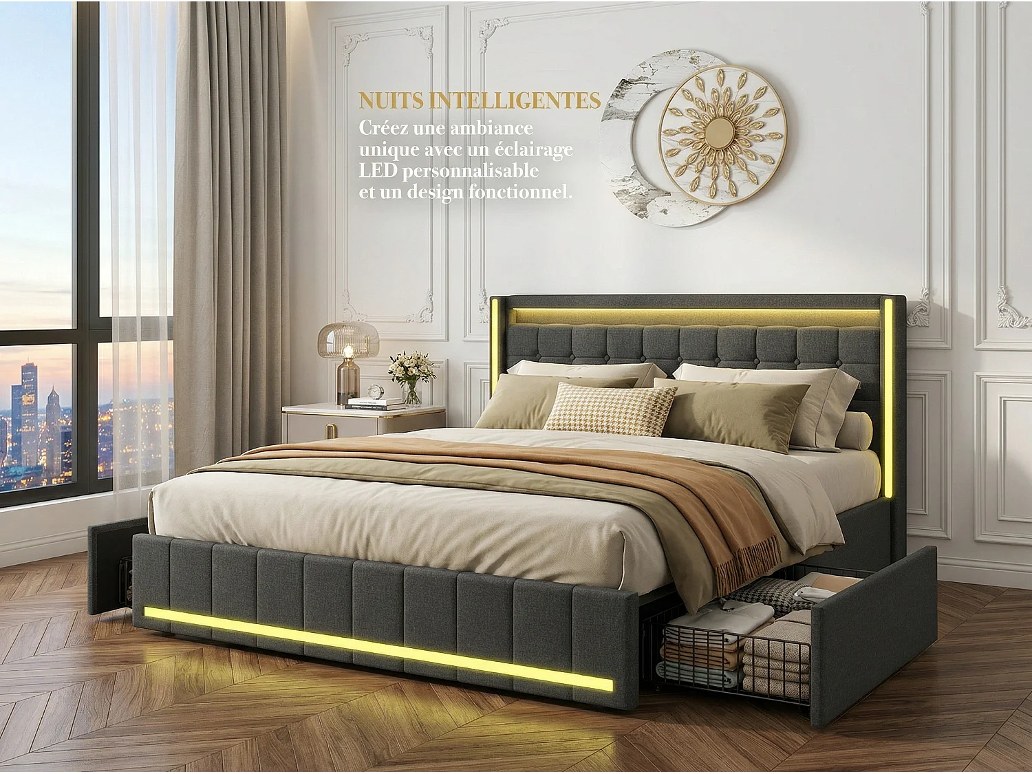 Lit 180x200 avec tiroirs, LED, USB Type-C, lit rangement avec roulettes, cadre de lit en tissu lin