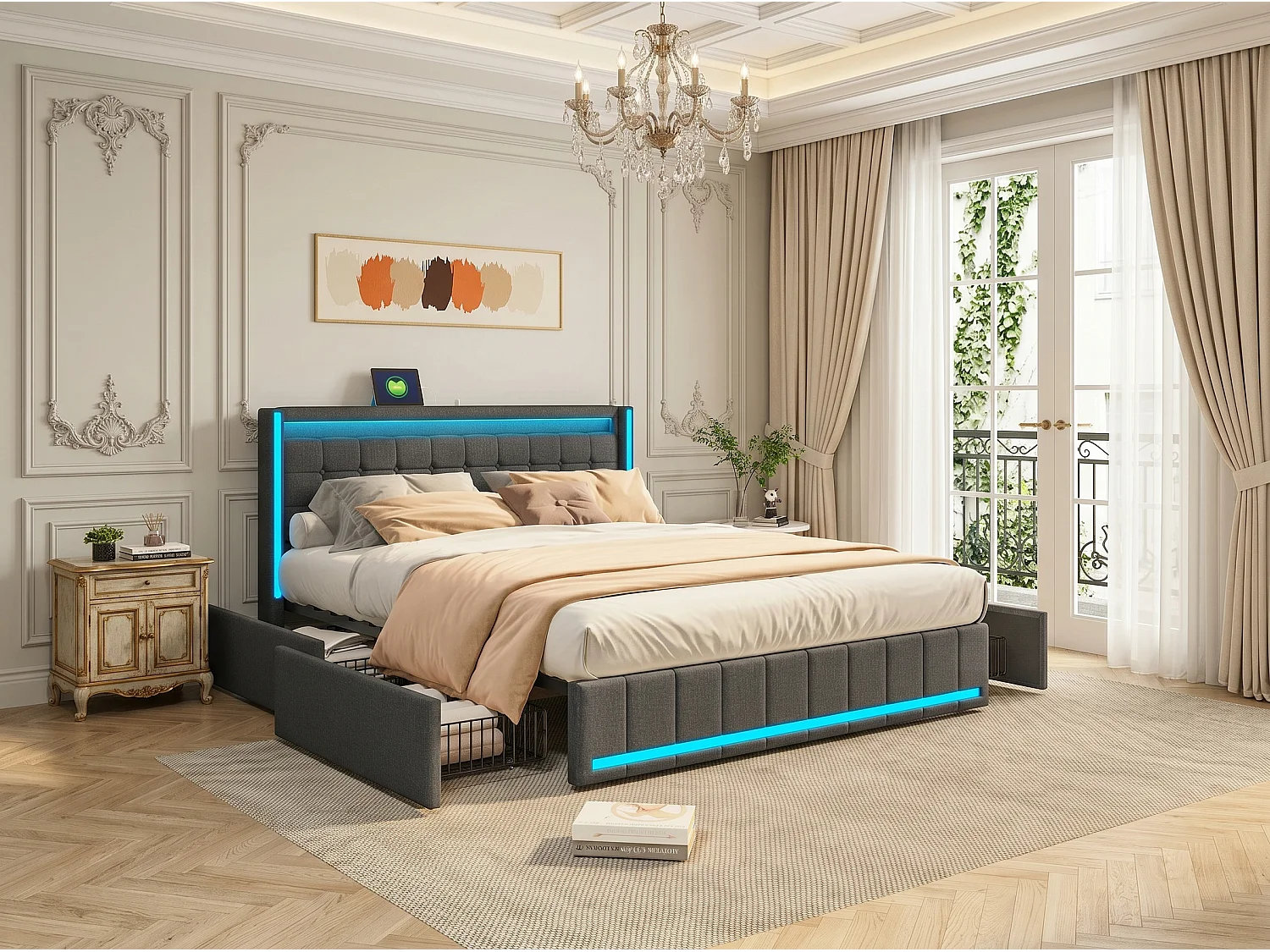 Lit rembourré 180x200 cm - Tiroirs de rangement avec roulettes - LED intégrée - Ports USB + Type-C - Tissu effet lin
