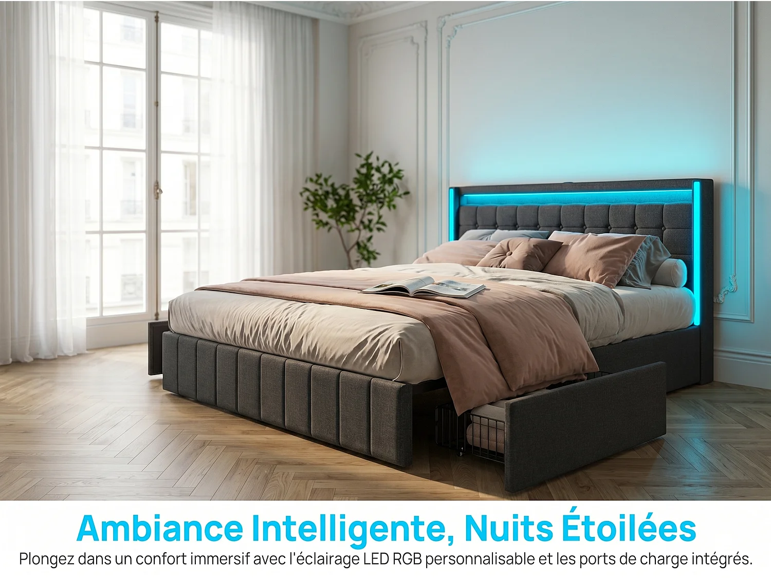 Lit rembourré 180x200 cm - Tiroirs de rangement avec roulettes - LED intégrée - Ports USB + Type-C - Tissu effet lin