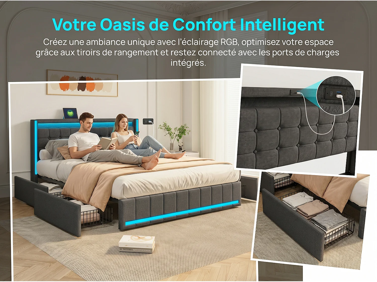 Lit rembourré 180x200 cm - Tiroirs de rangement avec roulettes - LED intégrée - Ports USB + Type-C - Tissu effet lin
