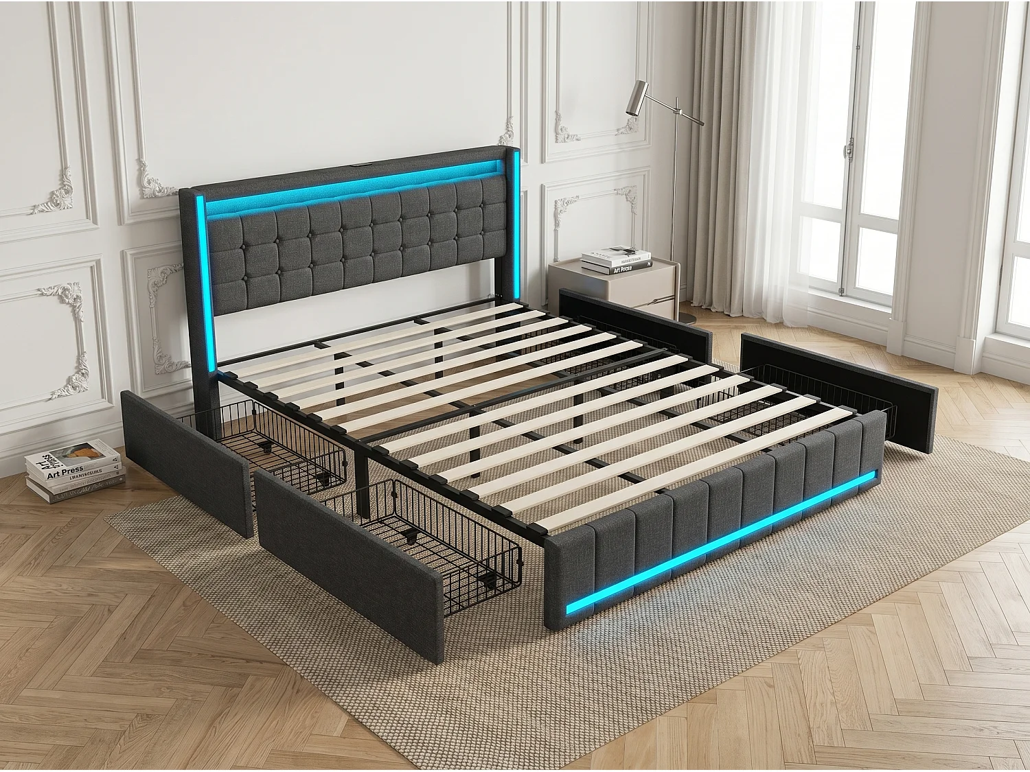 Lit rembourré 180x200 cm - Tiroirs de rangement avec roulettes - LED intégrée - Ports USB + Type-C - Tissu effet lin