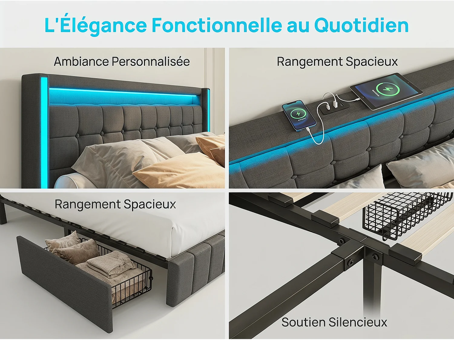 Lit rembourré 180x200 cm - Tiroirs de rangement avec roulettes - LED intégrée - Ports USB + Type-C - Tissu effet lin