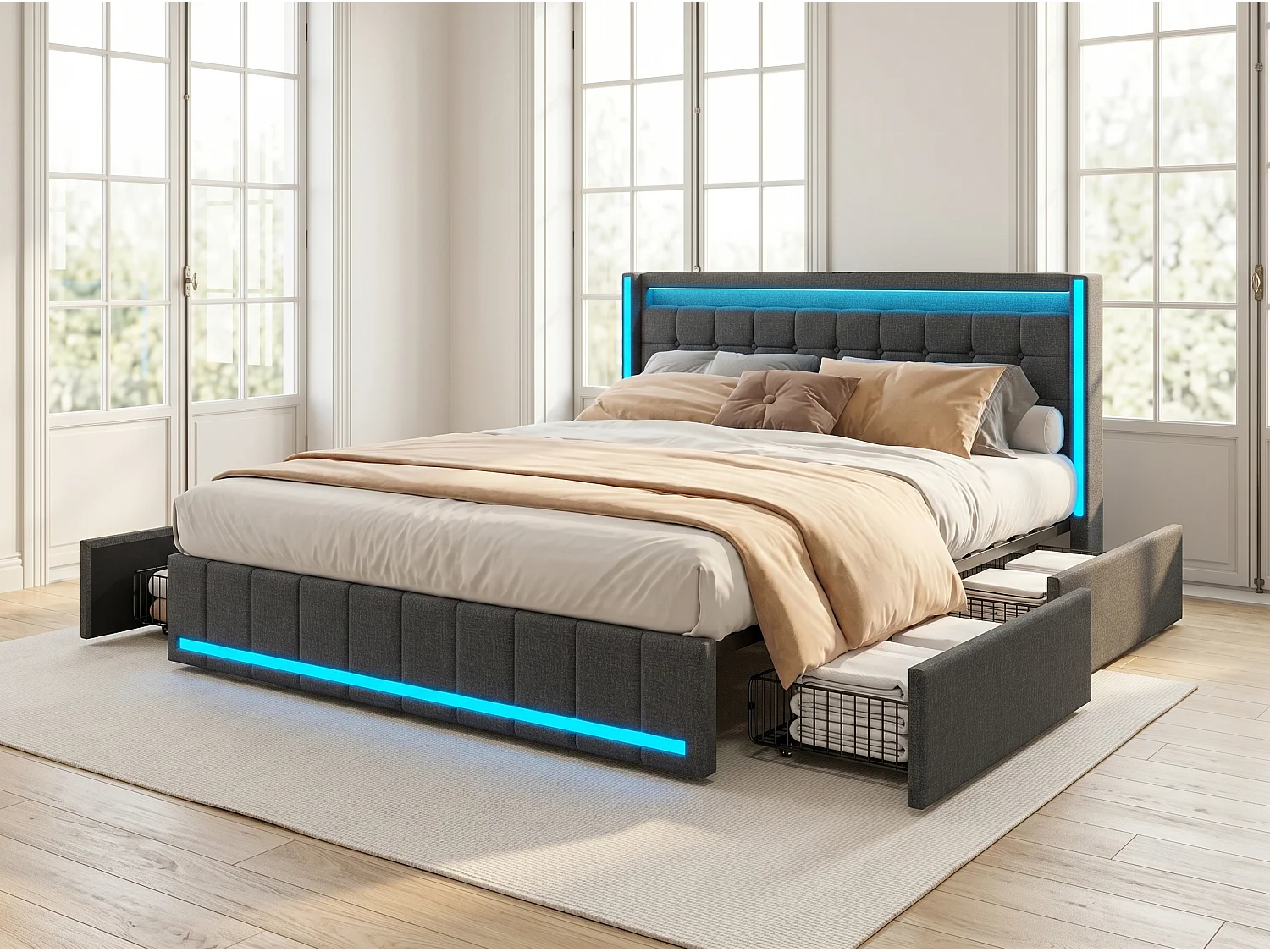 Lit rembourré 180x200 cm - Tiroirs de rangement avec roulettes - LED intégrée - Ports USB + Type-C - Tissu effet lin