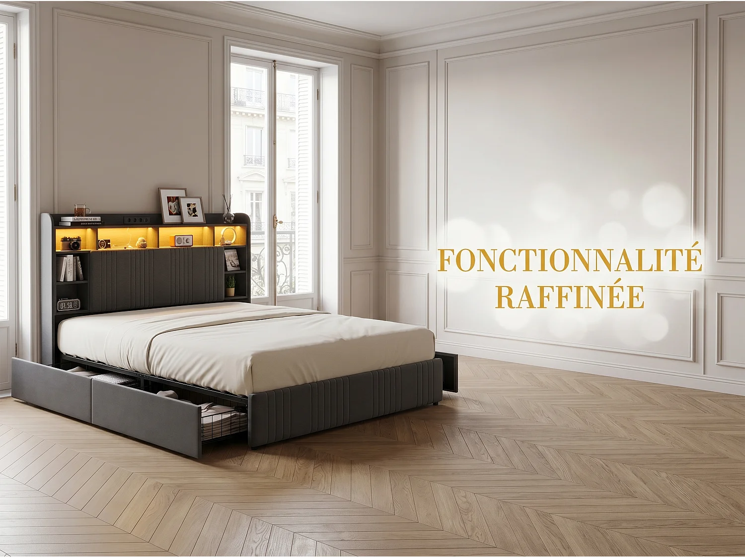 Lit rembourré 160x200 cm - avec éclairage LED et tiroirs - tête de lit avec étagères - sommier inclus