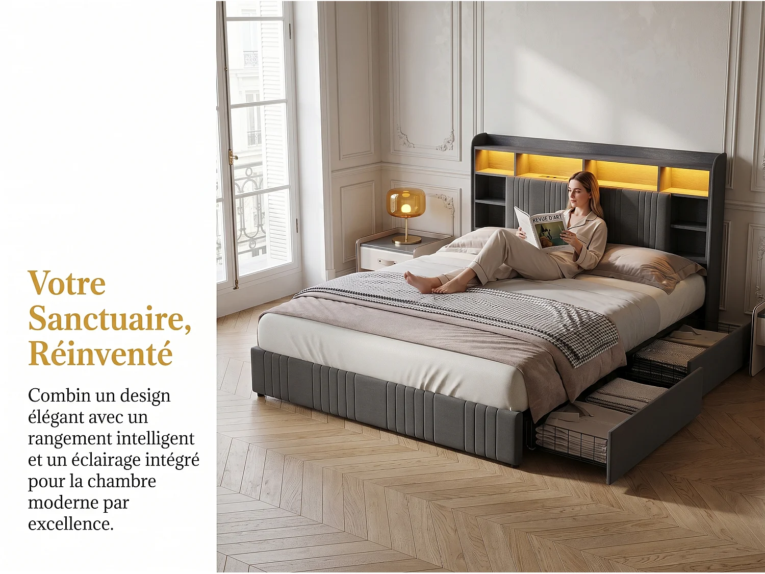 Lit rembourré 160x200 cm - avec éclairage LED et tiroirs - tête de lit avec étagères - sommier inclus