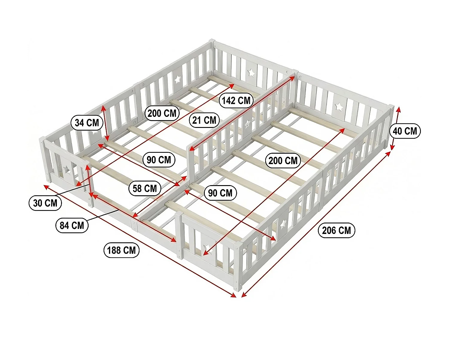 Lit enfant 180x200 cm en bois massif, lit au sol avec barrières, structure à barreaux avec motif étoile
